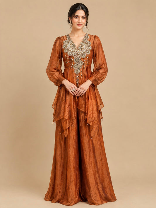 RUST COLOUR TISSUE INDOWESTERN DRESS EMBELLISHED WITH BEADS & ZARDOZI WORK