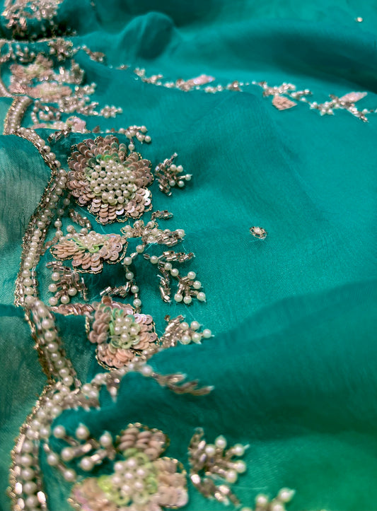 SHADED CHIFFON HAND EMBROIDERED SAREE EMBELLISHED WITH SEQUINS, CUTDANA & PEARL WORK