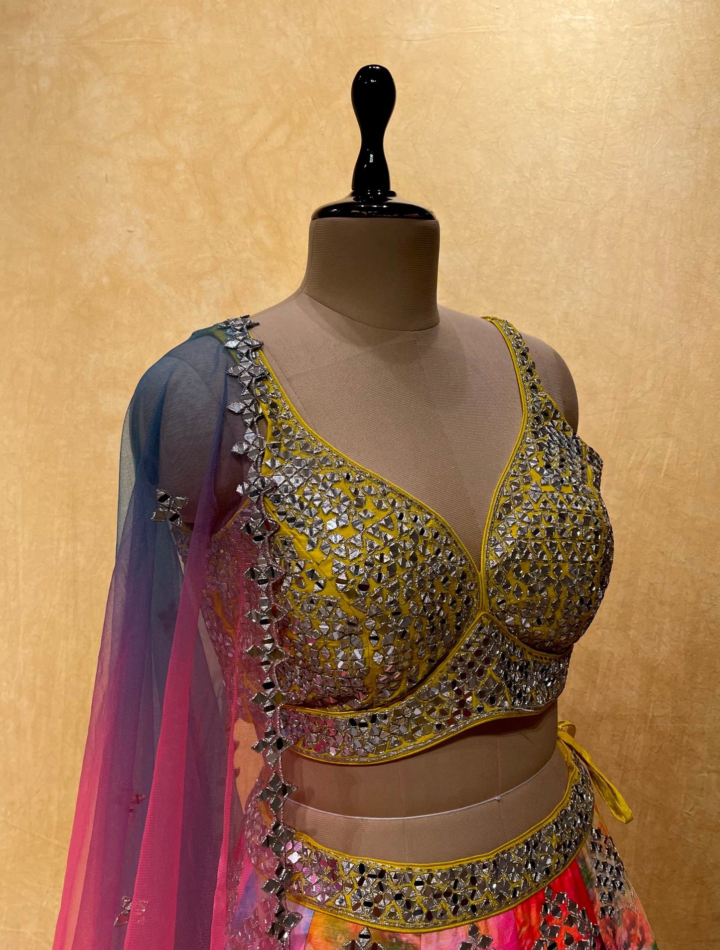 MULTI COLOR SILK MIRROR WORK LEHENGA WITH READYMADE CROP TOP BLOUSE EMBELLISHED WITH SEQUINS WORK