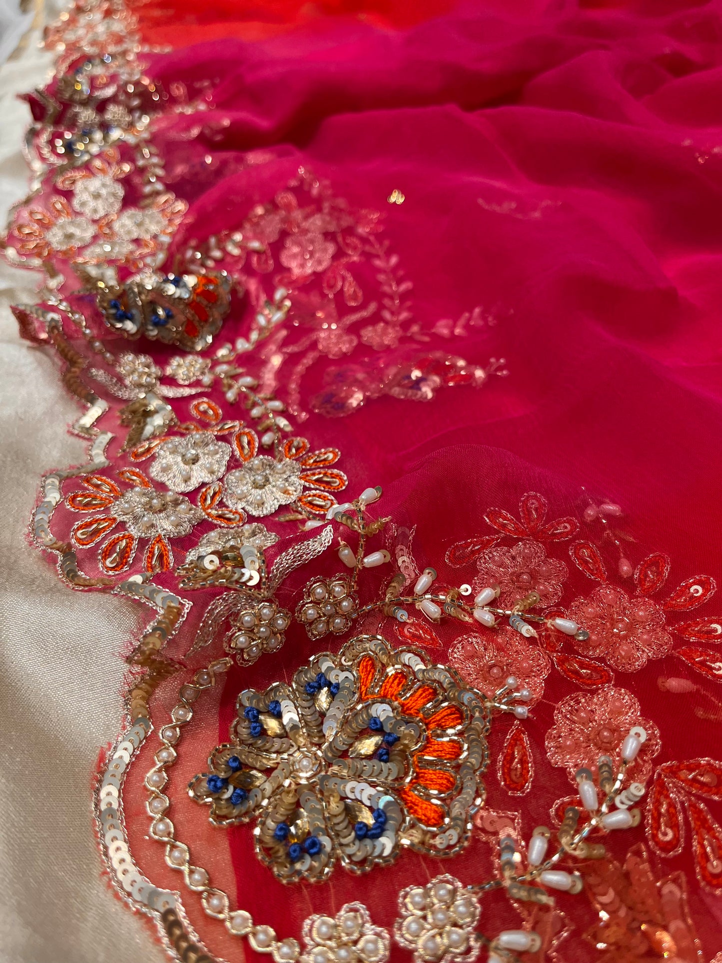 SHADED CHIFFON HAND EMBROIDERED SAREE EMBELLISHED WITH CUTDANA & PEARL WORK