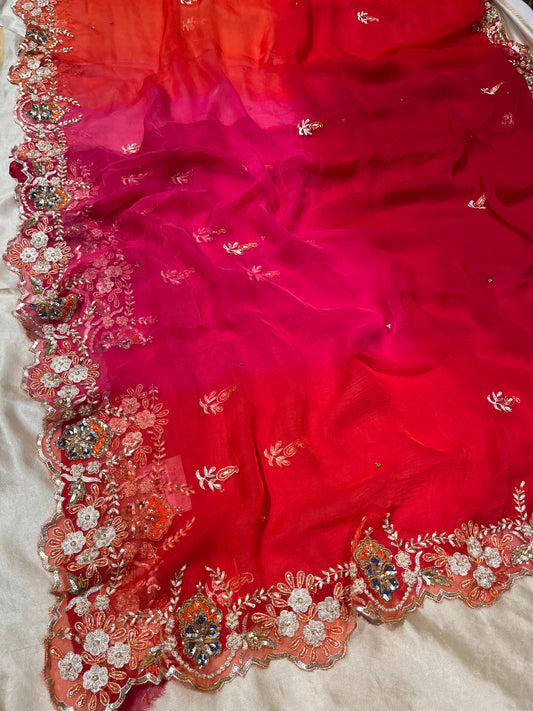 SHADED CHIFFON HAND EMBROIDERED SAREE EMBELLISHED WITH CUTDANA & PEARL WORK