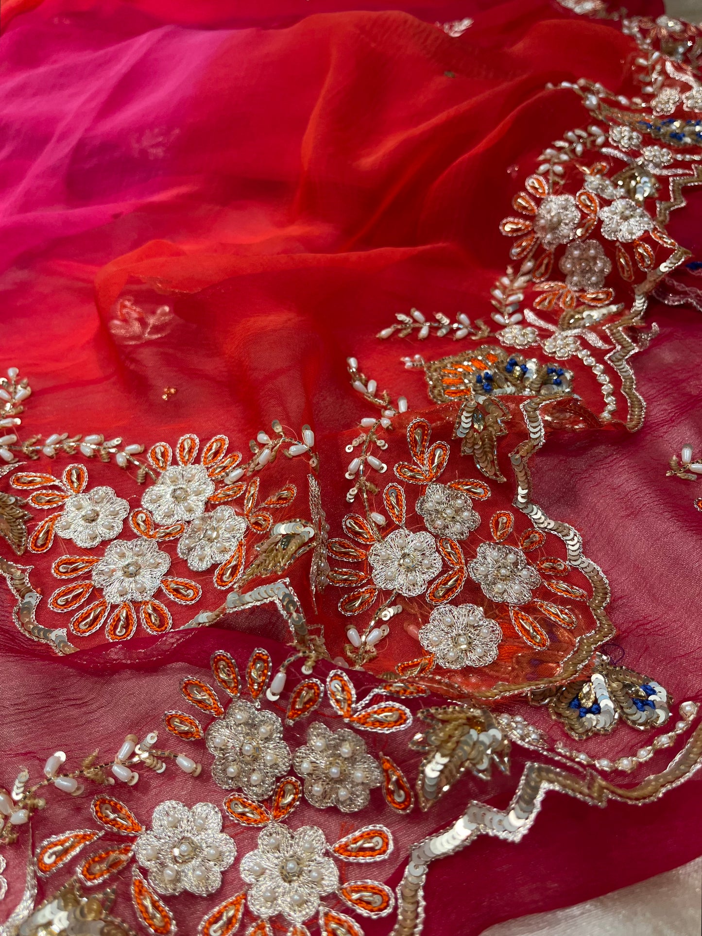 SHADED CHIFFON HAND EMBROIDERED SAREE EMBELLISHED WITH CUTDANA & PEARL WORK