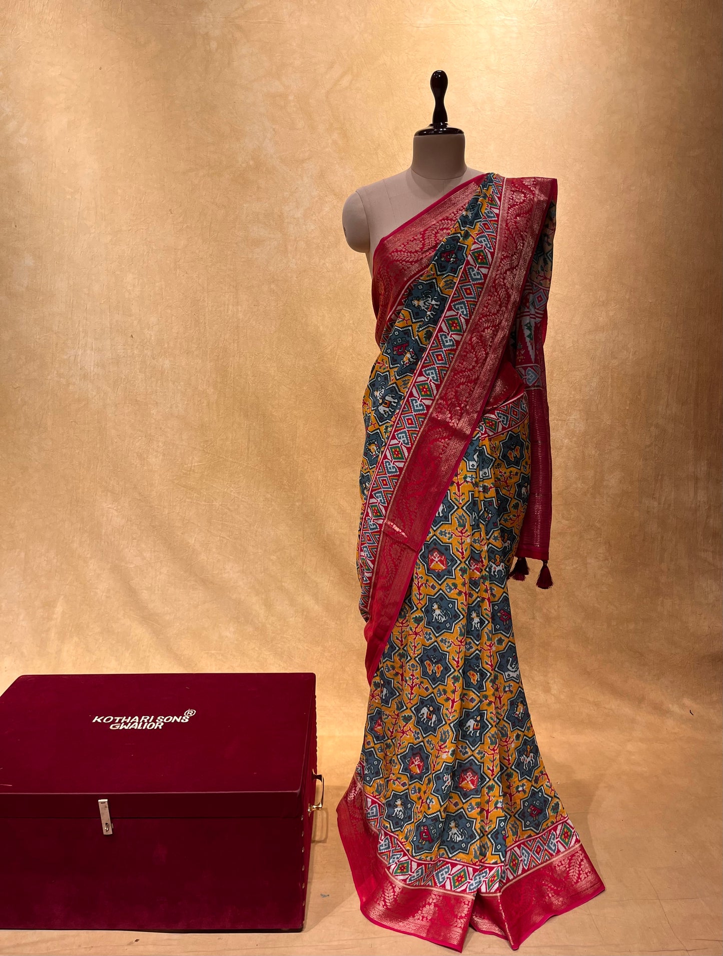 ( DELIVERY IN 25 DAYS ) MUSTARD COLOUR PATOLA PRINT DOLA SILK SAREE WITH ZARI BORDER