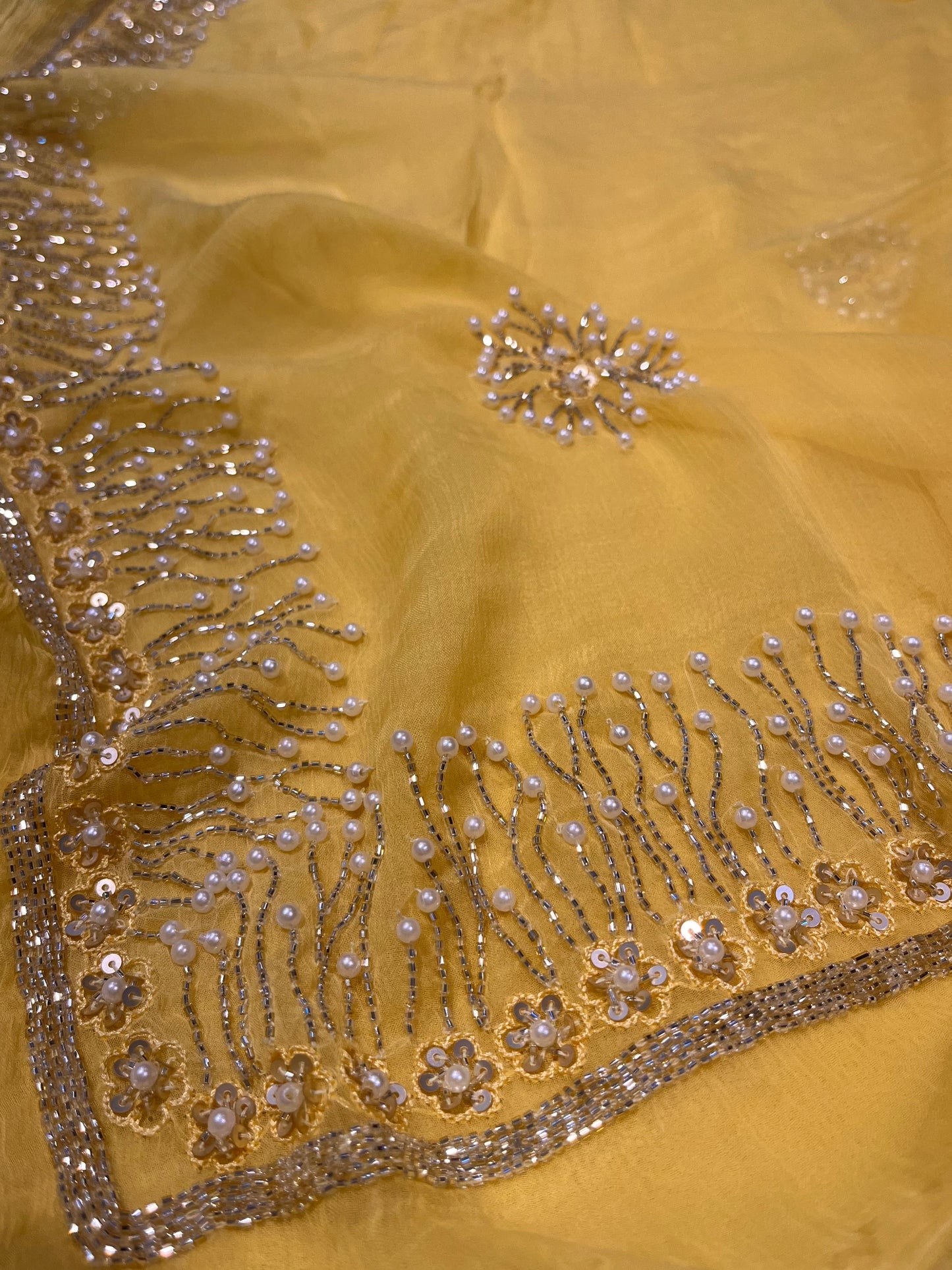 YELLOW COLOUR CHIFFON HAND EMBROIDERED SAREE EMBELLISHED WITH CUTDANA & PEARL WORK