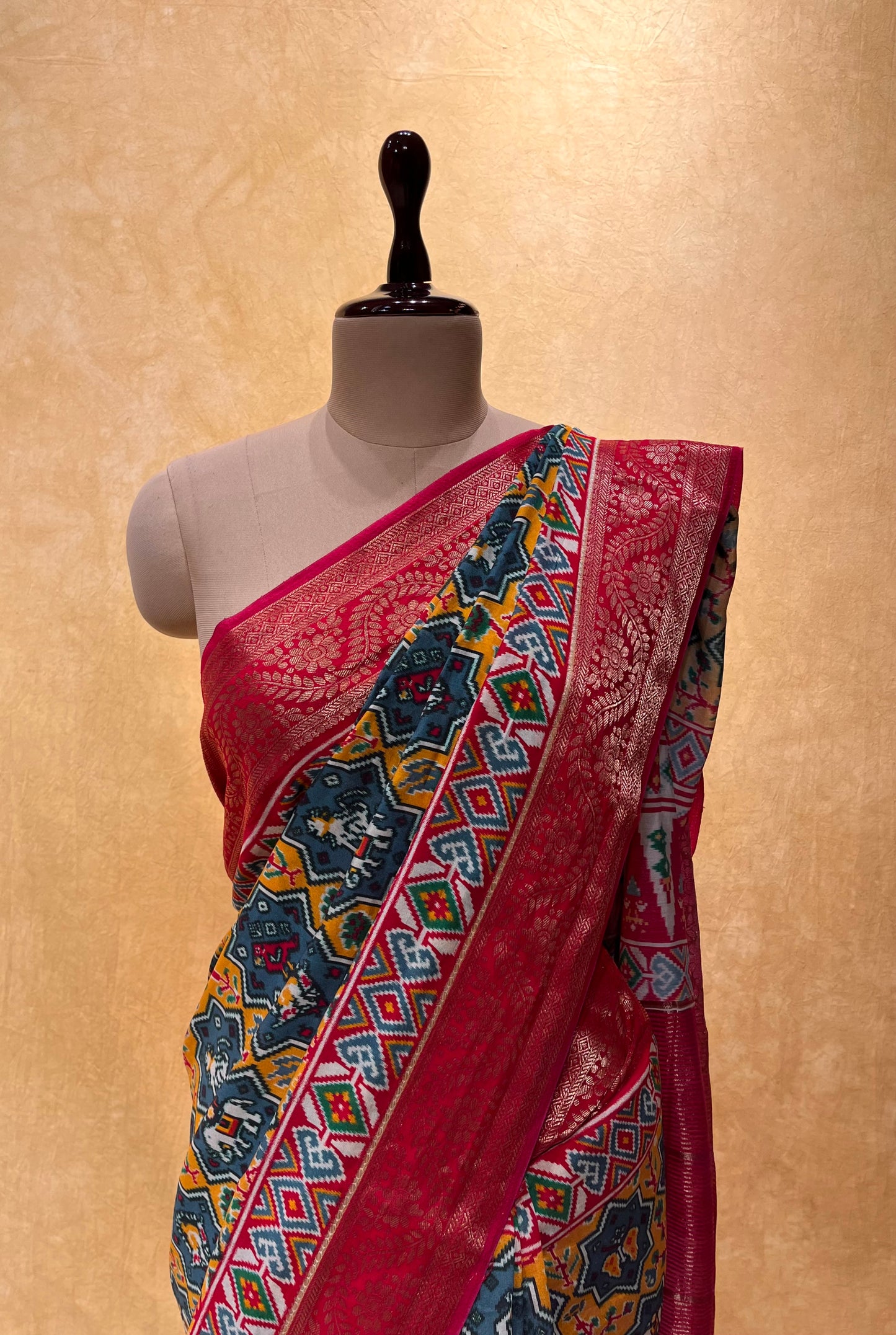 ( DELIVERY IN 25 DAYS ) MUSTARD COLOUR PATOLA PRINT DOLA SILK SAREE WITH ZARI BORDER