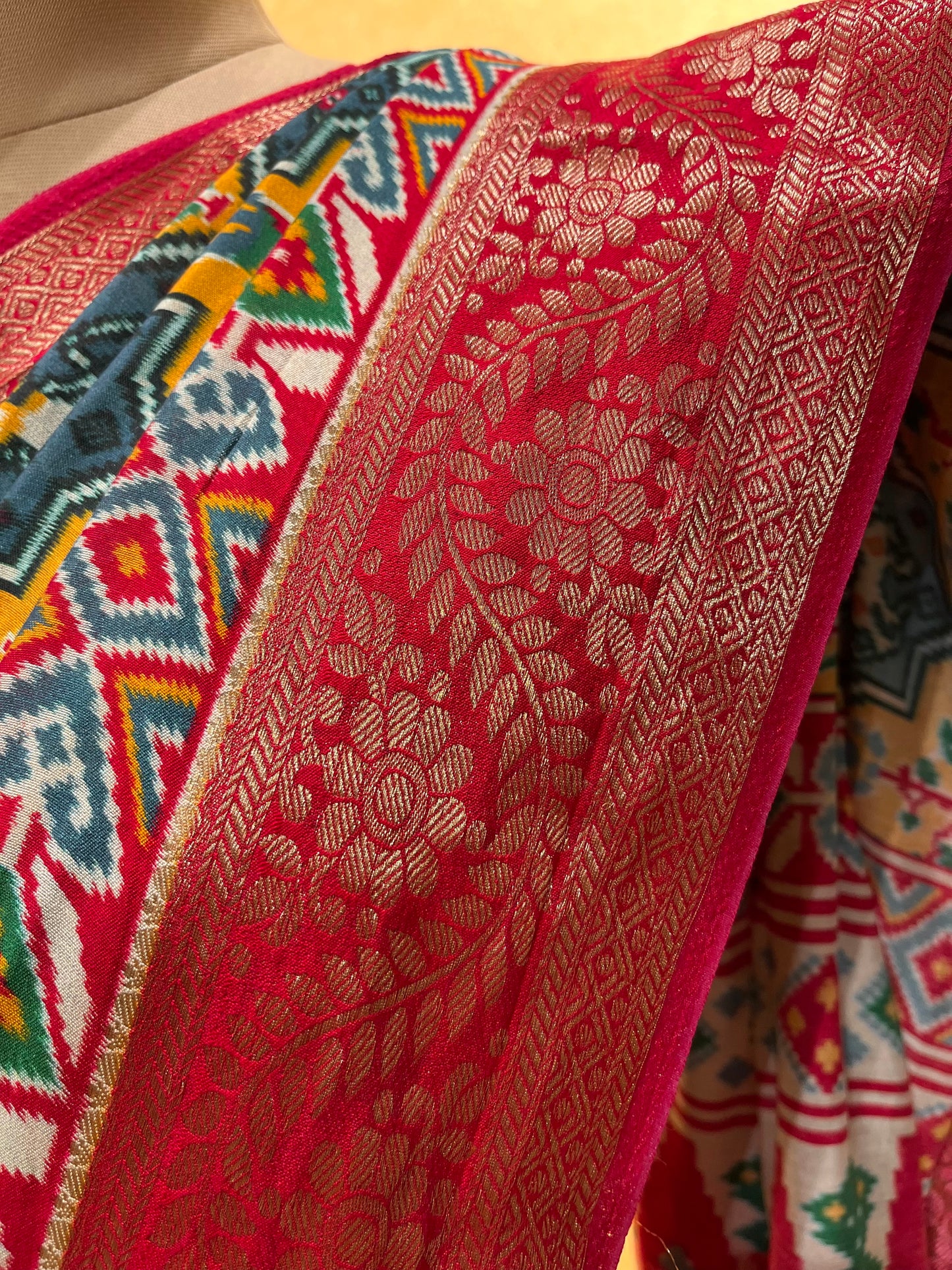 ( DELIVERY IN 25 DAYS ) MUSTARD COLOUR PATOLA PRINT DOLA SILK SAREE WITH ZARI BORDER