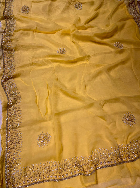 YELLOW COLOUR CHIFFON HAND EMBROIDERED SAREE EMBELLISHED WITH CUTDANA & PEARL WORK