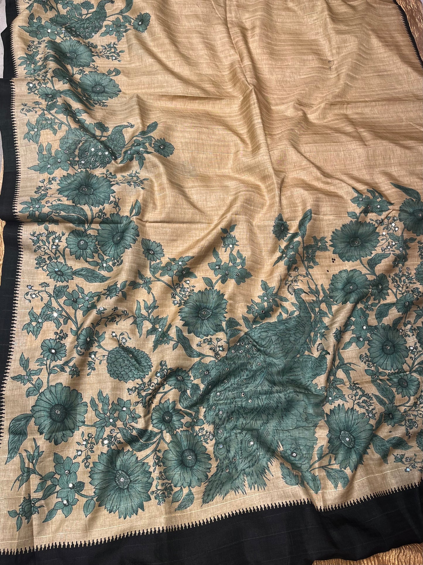BEIGE COLOUR ART TUSSAR SILK SAREE EMBELLISHED WITH MIRROR FOIL WORK