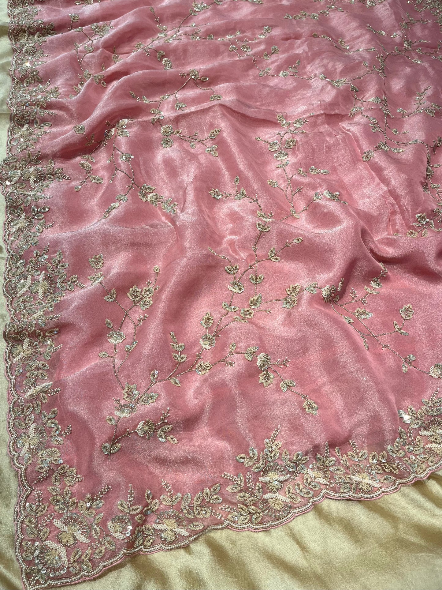( DELIVERY IN 20-25 DAYS ) PINK COLOUR CREPE TISSUE EMBROIDERED SAREE EMBELLISHED WITH SEQUINS, PEARL & BEADS WORK