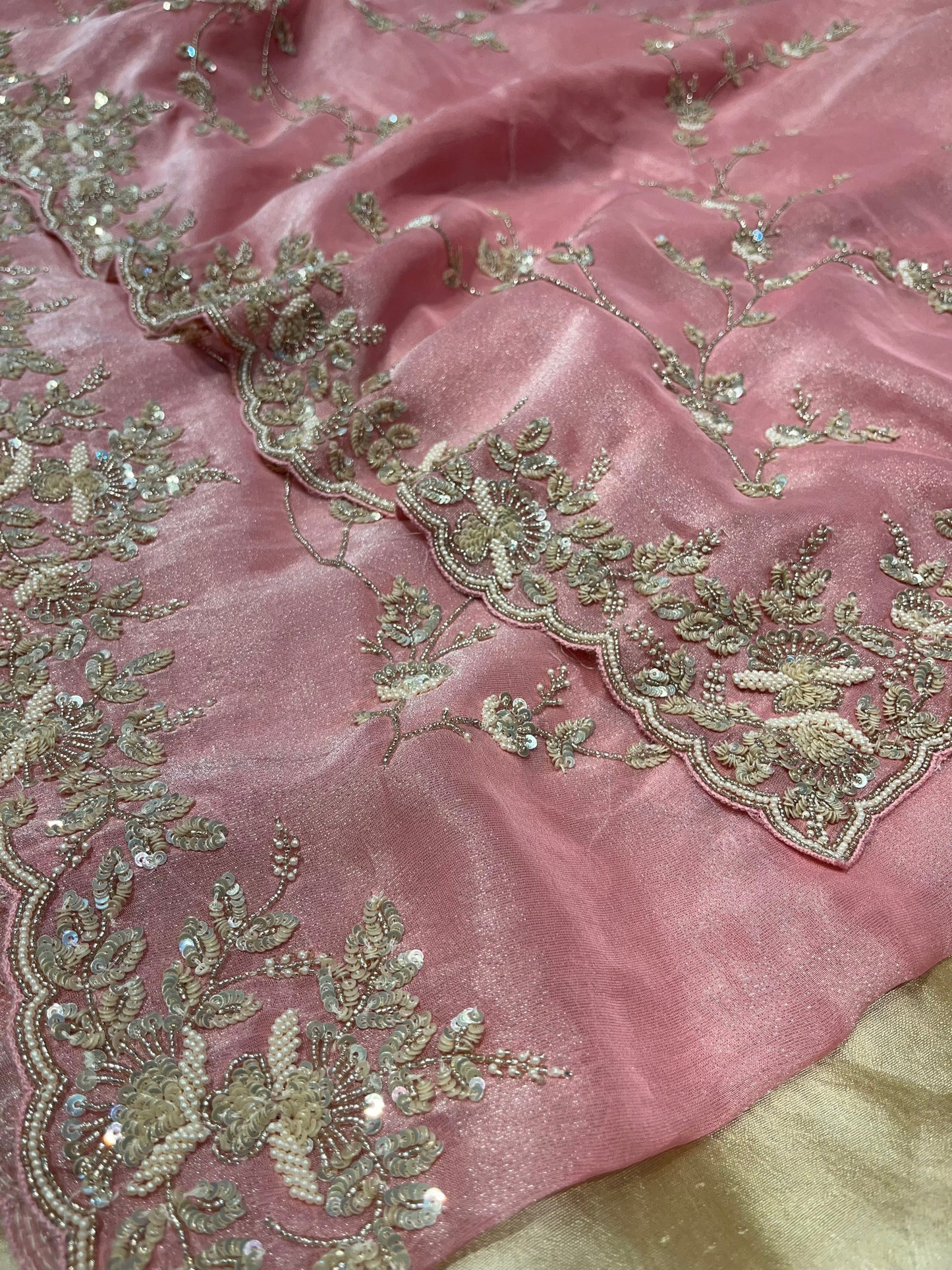( DELIVERY IN 20-25 DAYS ) PINK COLOUR CREPE TISSUE EMBROIDERED SAREE EMBELLISHED WITH SEQUINS, PEARL & BEADS WORK