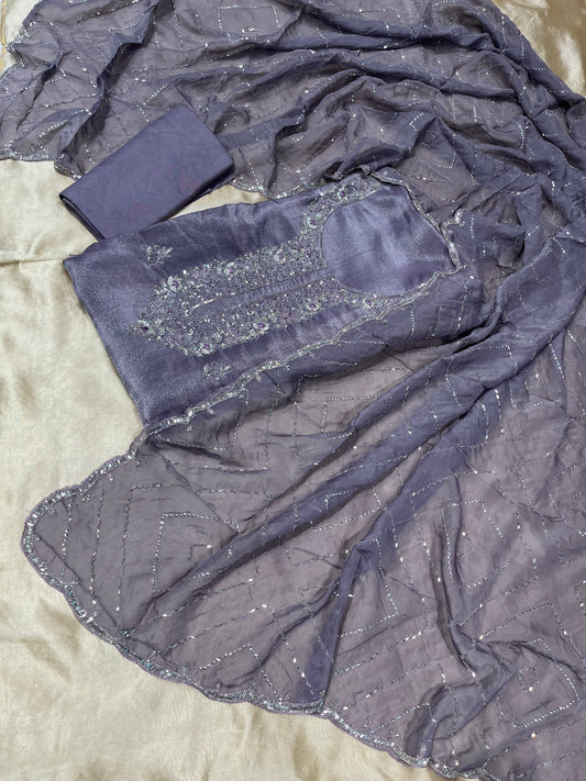 LAVENDER COLOUR GEORGETTE TISSUE UNSTITCHED SUIT WITH ORGANZA DUPATTA EMBELLISHED WITH CUTDANA & ZARDOZI WORK