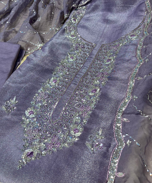 LAVENDER COLOUR GEORGETTE TISSUE UNSTITCHED SUIT WITH ORGANZA DUPATTA EMBELLISHED WITH CUTDANA & ZARDOZI WORK