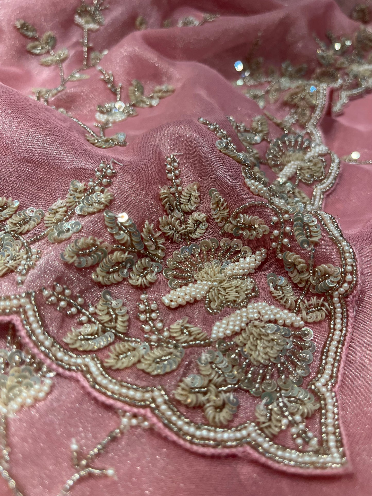 ( DELIVERY IN 20-25 DAYS ) PINK COLOUR CREPE TISSUE EMBROIDERED SAREE EMBELLISHED WITH SEQUINS, PEARL & BEADS WORK