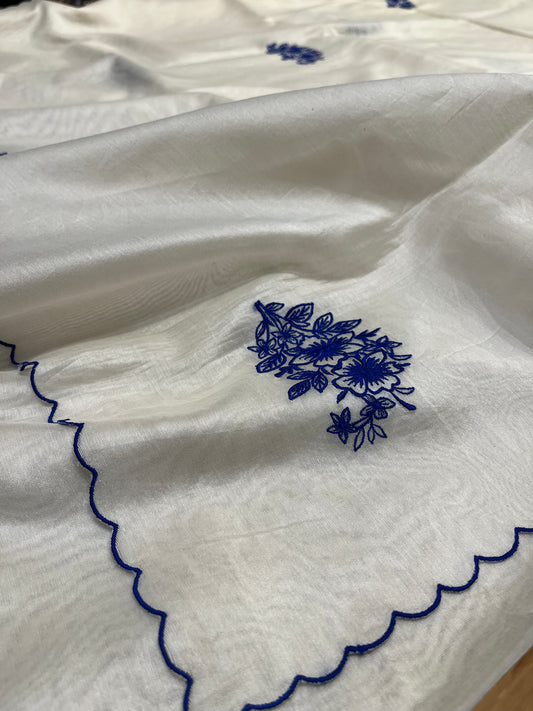 WHITE COLOUR CHANDERI SCALLOP BORDER EMBROIDERED SAREE EMBELLISHED WITH RESHAM EMBROIDERY BY SIDDHAIKA - Kothari Sons
