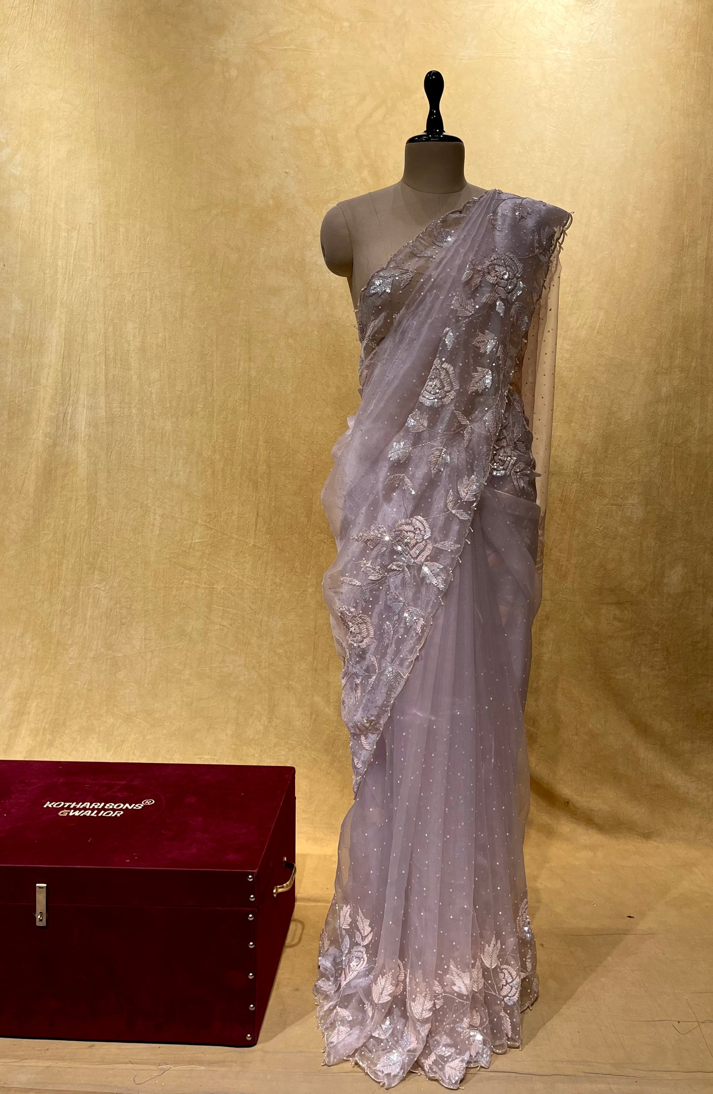 MAUVE COLOR ORGANZA TISSUE HAND EMBROIDERED SAREE EMBELLISHED WITH SEQUINS & CUTDANA WORK