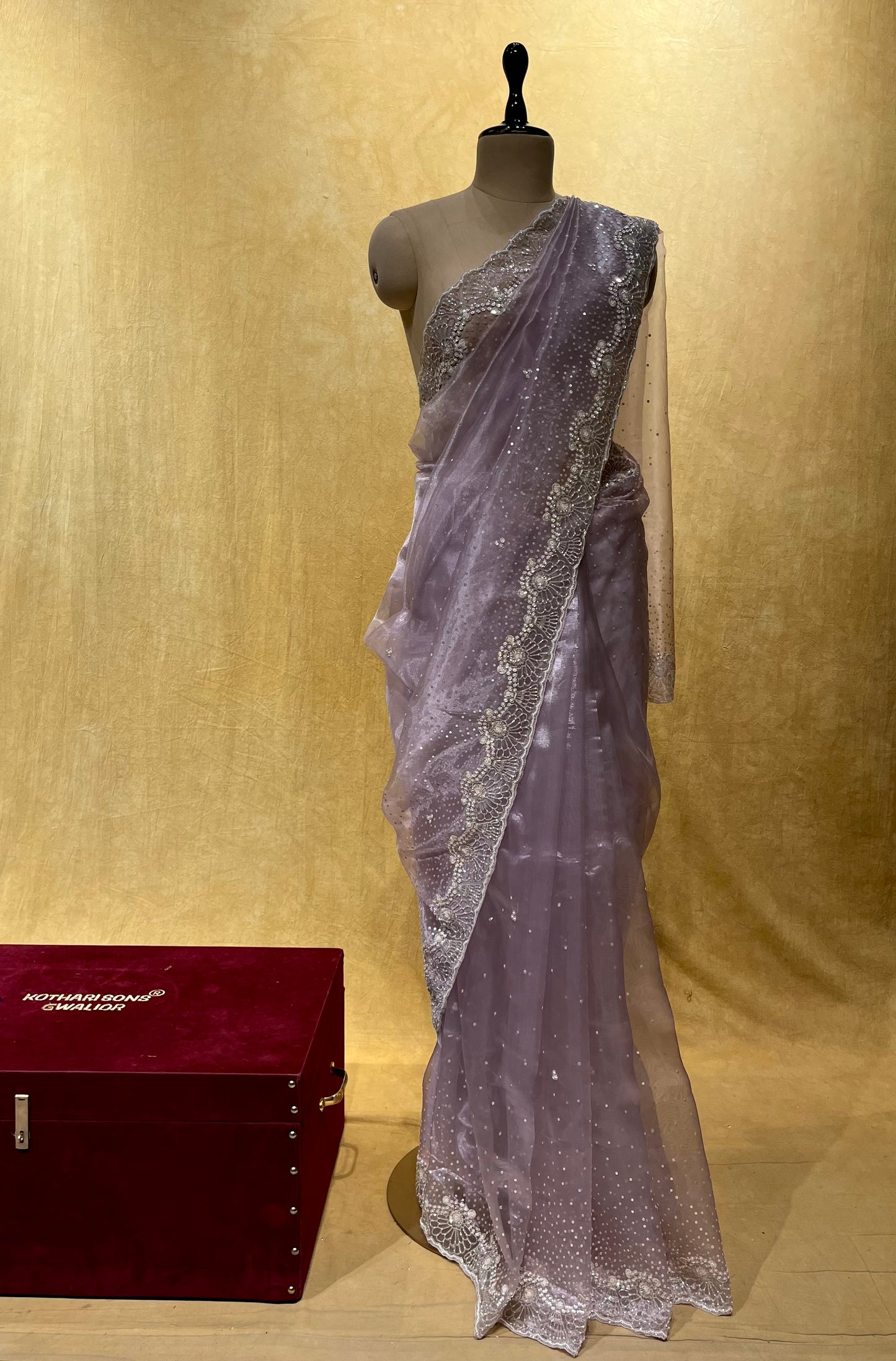 MAUVE COLOR ORGANZA TISSUE HAND EMBROIDERED SAREE EMBELLISHED WITH SEQUINS, CUTDANA & PEARL WORK