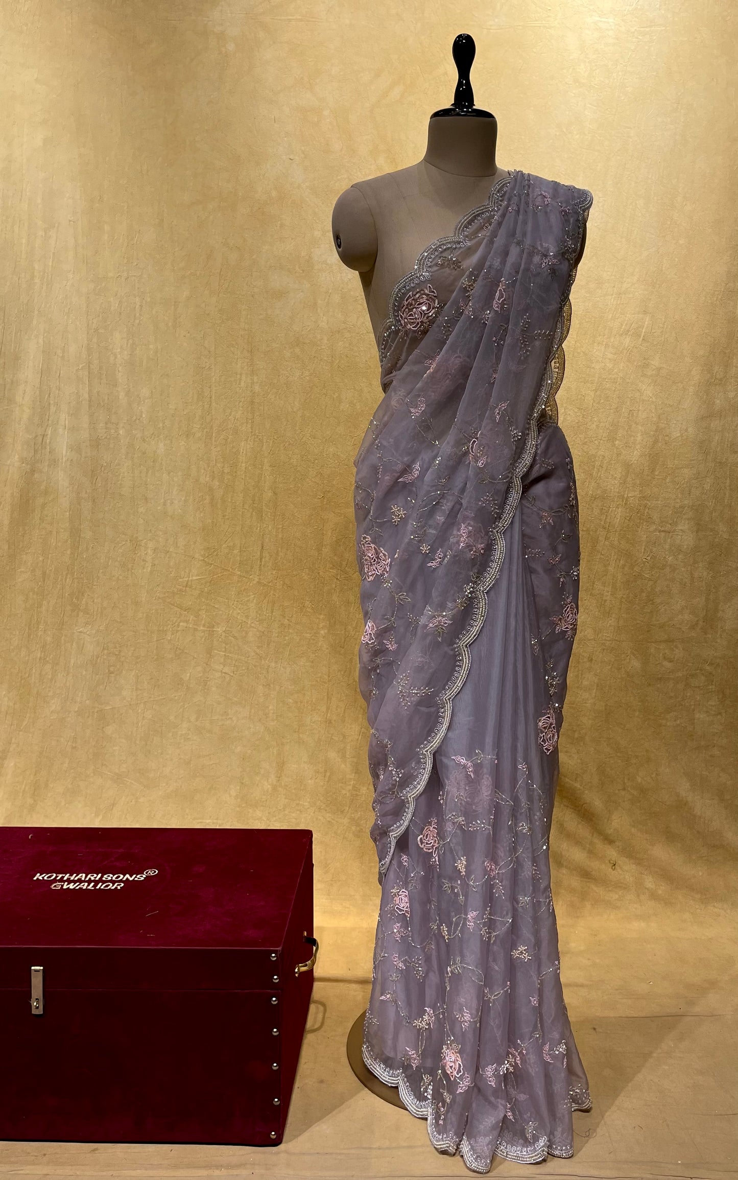 LAVENDER COLOR ORGANZA HAND EMBROIDERED SAREE CUTDANA, SEQUINS & PEARL WORK