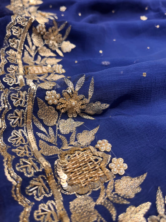BLUE SHADED CHIFFON HAND EMBROIDERED SAREE WITH CHINON UNSTITCHED BLOUSE EMBELLISHED WITH AARI & SEQUINS WORK ( DELIVERY IN 30 DAYS ) - Kothari Sons