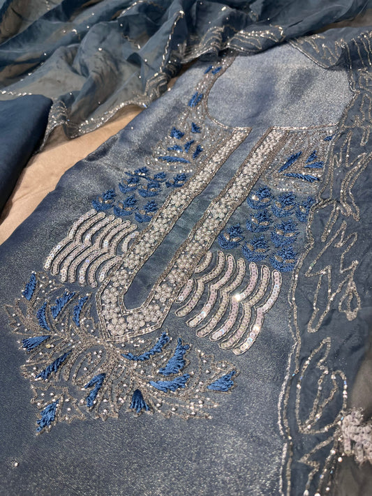 BLUE COLOUR GEORGETTE TISSUE UNSTITCHED SUIT WITH ORGANZA DUPATTA EMBELLISHED WITH SEQUINS, PEARL & CUTDANA WORK