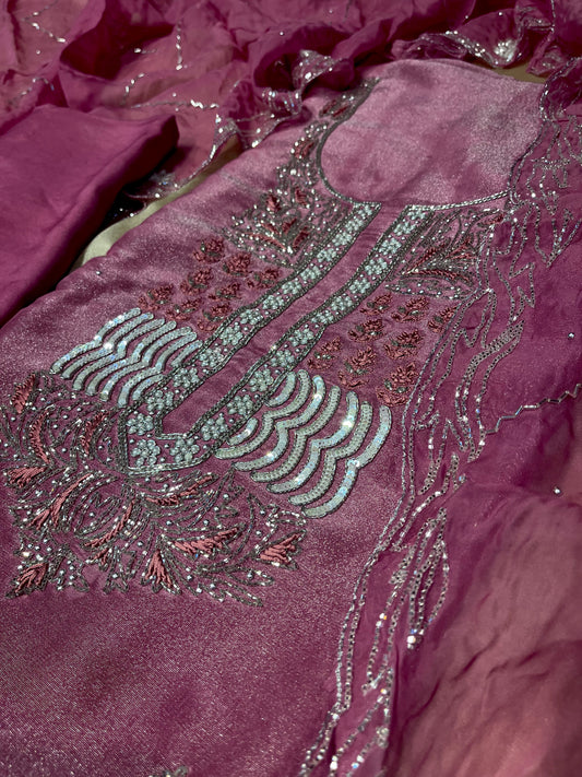 PINK COLOUR GEORGETTE TISSUE UNSTITCHED SUIT WITH ORGANZA DUPATTA EMBELLISHED WITH CUTDANA, SEQUINS & PEARL WORK