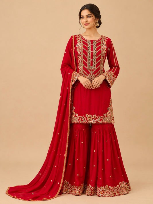 RED COLOUR CHINON EMBROIDERED SHARARA SUIT SET EMBELLISHED WITH KASAB & SEQUINS WORK