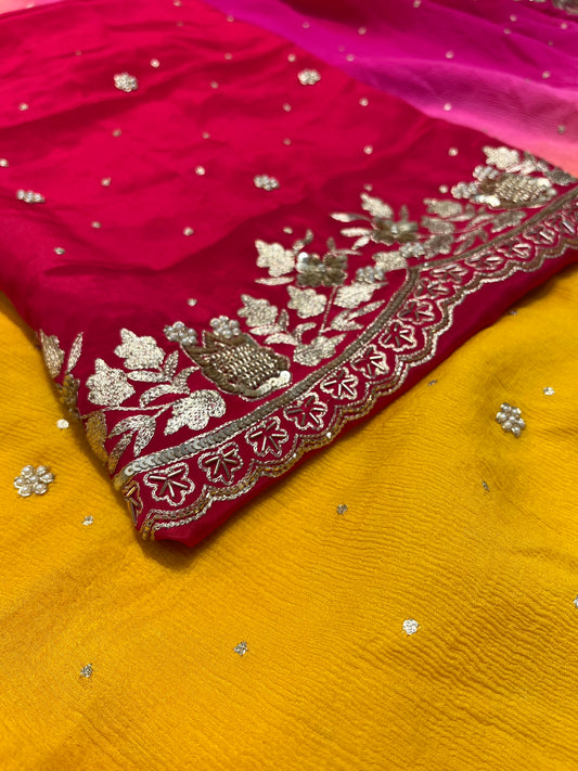 SHADED PURE CHIFFON HAND EMBROIDERED SAREE WITH CREPE SILK UNSTITCHED BLOUSE EMBELLISHED WITH AARI & SEQUINS WORK ( DELIVERY IN 30 DAYS ) - Kothari Sons