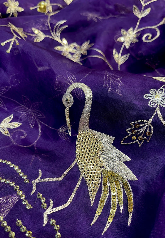 PURPLE COLOUR PURE ORGANZA HAND EMBROIDERED SAREE EMBELLISHED WITH AARI, SEQUINS & ZARDOZI WORK ( DELIVERY IN 60 DAYS ) - Kothari Sons