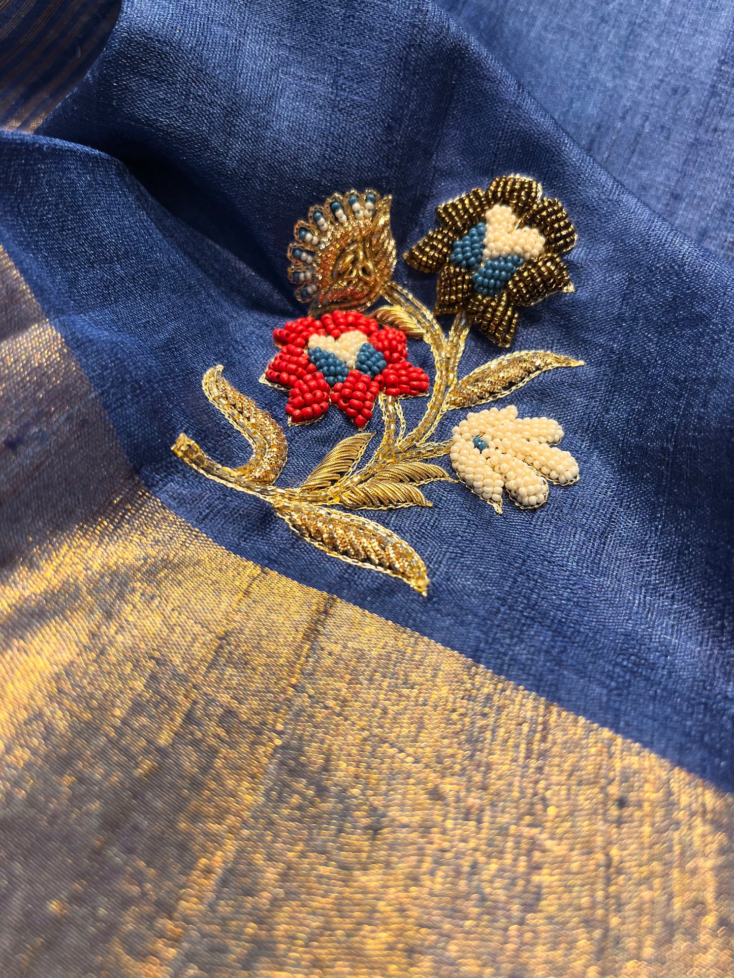 BLUE COLOUR TUSSAR SILK HAND EMBROIDERED SAREE EMBELLISHED WITH CUTDANA, BEADS & ZARDOZI WORK