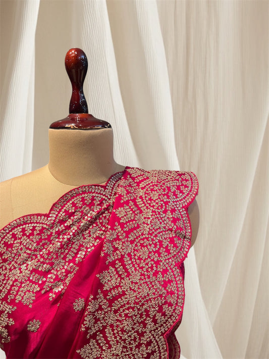 MAGENTA SATIN SAREE EMBELLISHED WITH THREAD AND SEQUINS, FEATURING A SCALLOPED BORDER