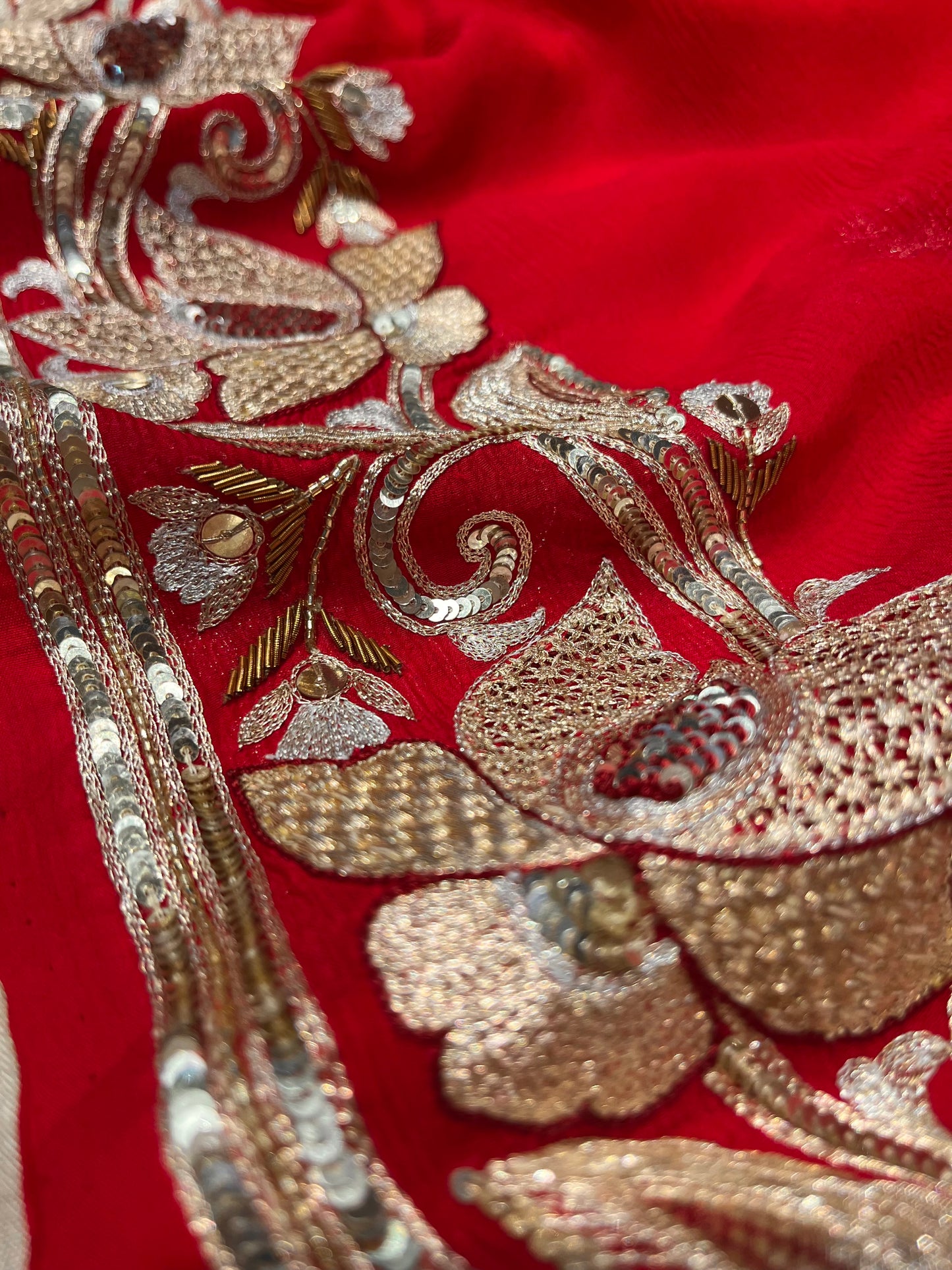 RED COLOUR PURE CHIFFON HAND EMBROIDERED SAREE EMBELLISHED WITH SEQUINS & KASAB EMBROIDERY