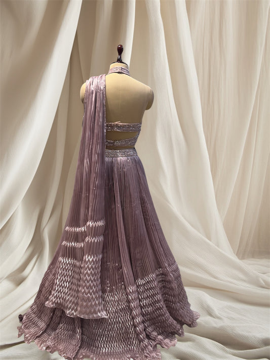 MAUVE COLOUR ORGANZA CROP TOP LEHENGA EMBELLISHED WITH BEADS AND CRYSTAL WORK