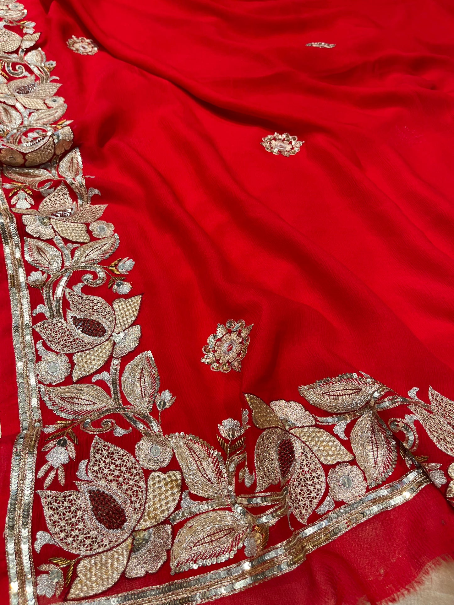 RED COLOUR PURE CHIFFON HAND EMBROIDERED SAREE EMBELLISHED WITH SEQUINS & KASAB EMBROIDERY