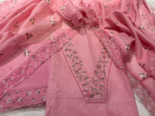 BLUSH PINK KOTA DORIYA UNSTITCHED SUIT WITH RESHAM EMBROIDERY