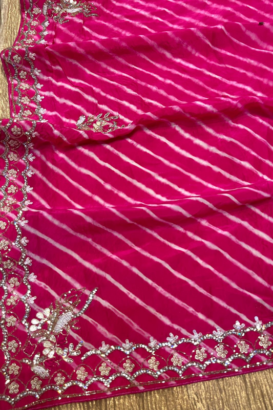 HOT PINK LEHERIYA SILK SAREE WITH CUTDANA EMBELLISHMENTS