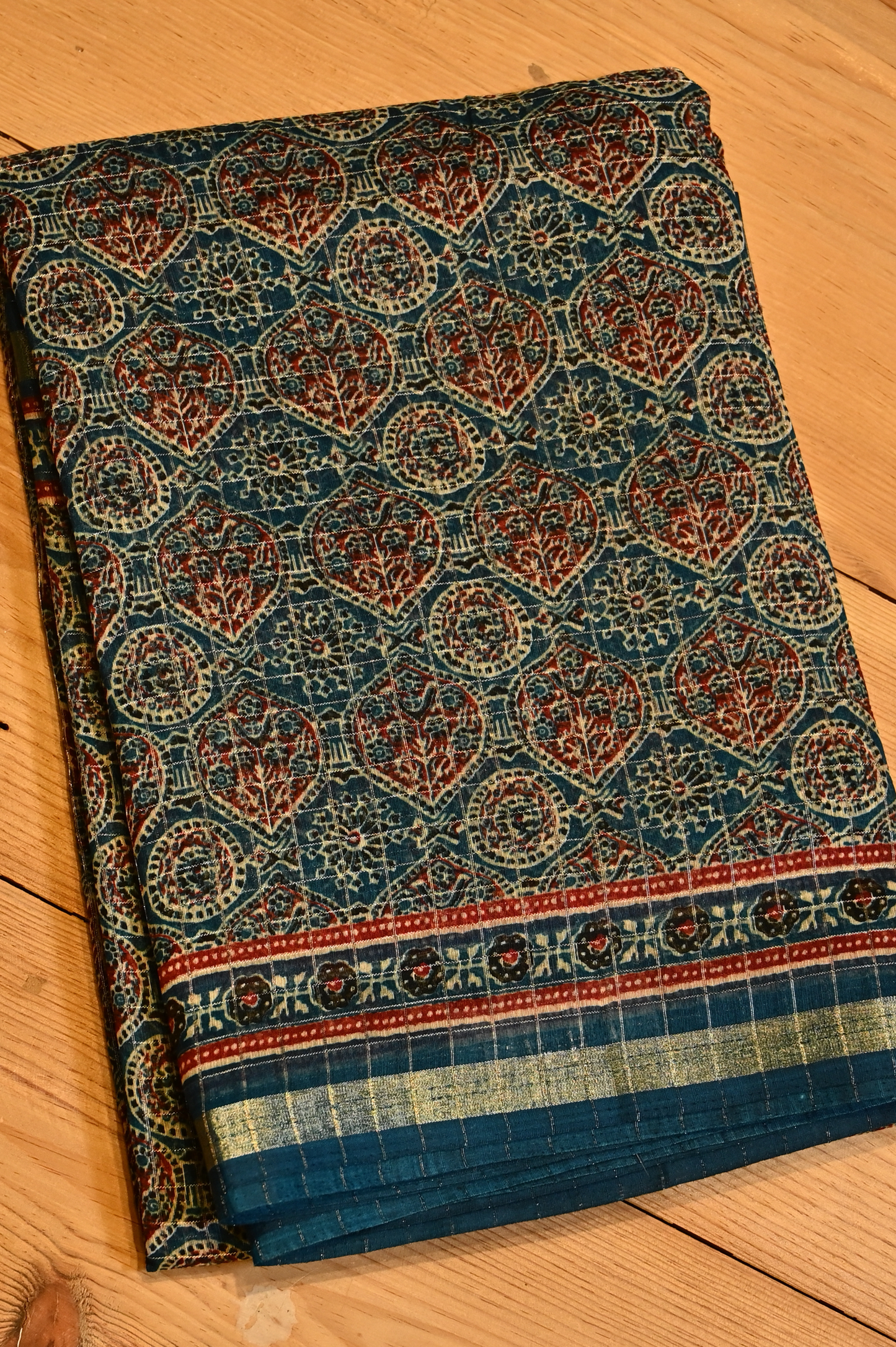 TEAL BLUE COLOUR MUNGA COTTON AJRAKH PRINT SAREE