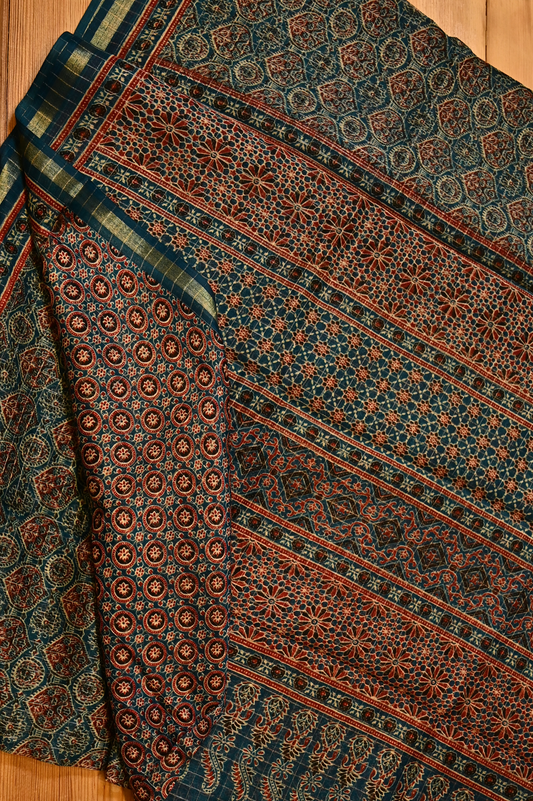 TEAL BLUE COLOUR MUNGA COTTON AJRAKH PRINT SAREE