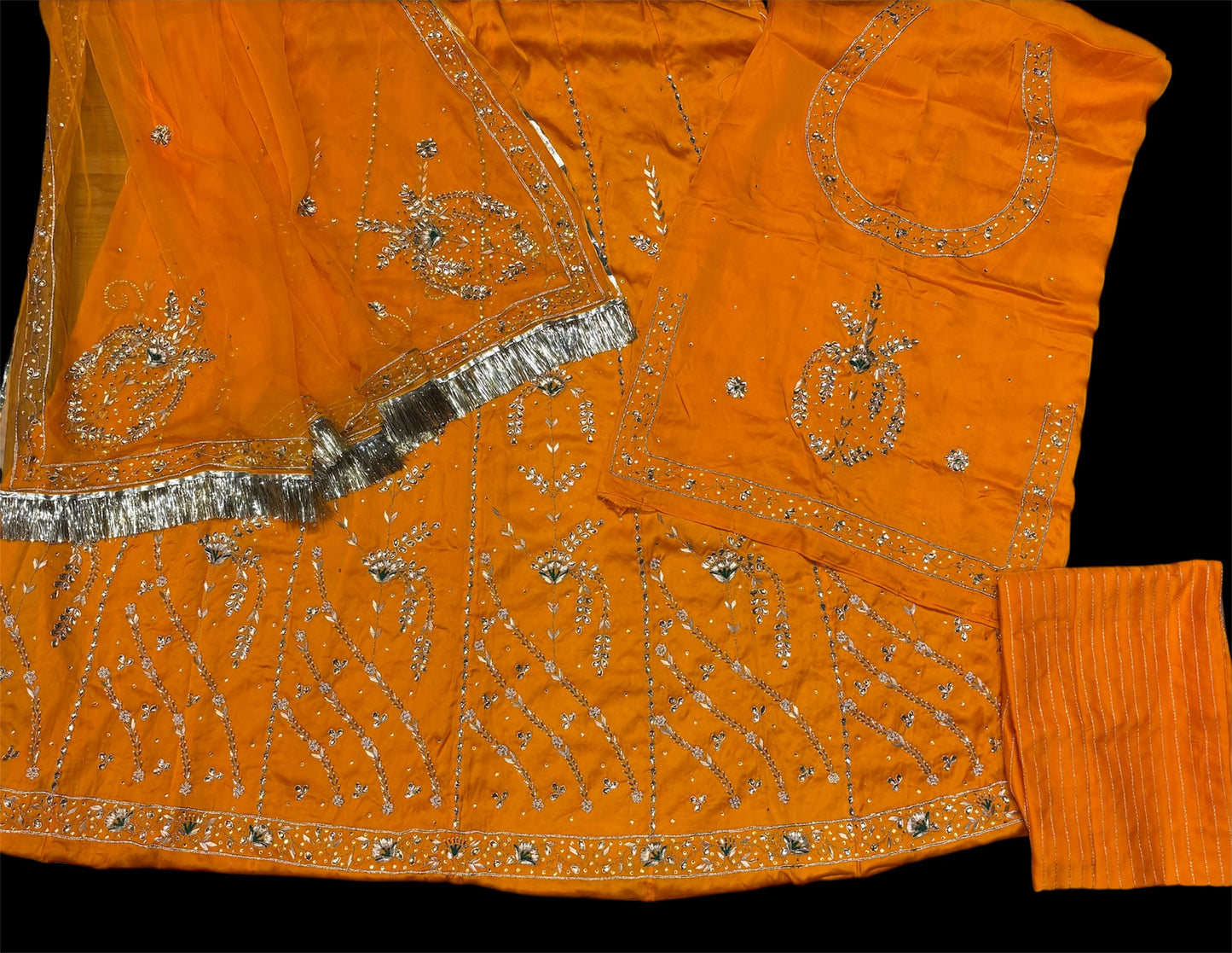 (DELIVERY IN 30 DAYS) ORANGE PURE SATIN SILK POSHAK WITH HAND EMBROIDERED ZARDOZI, KUNDAN & DORI WORK