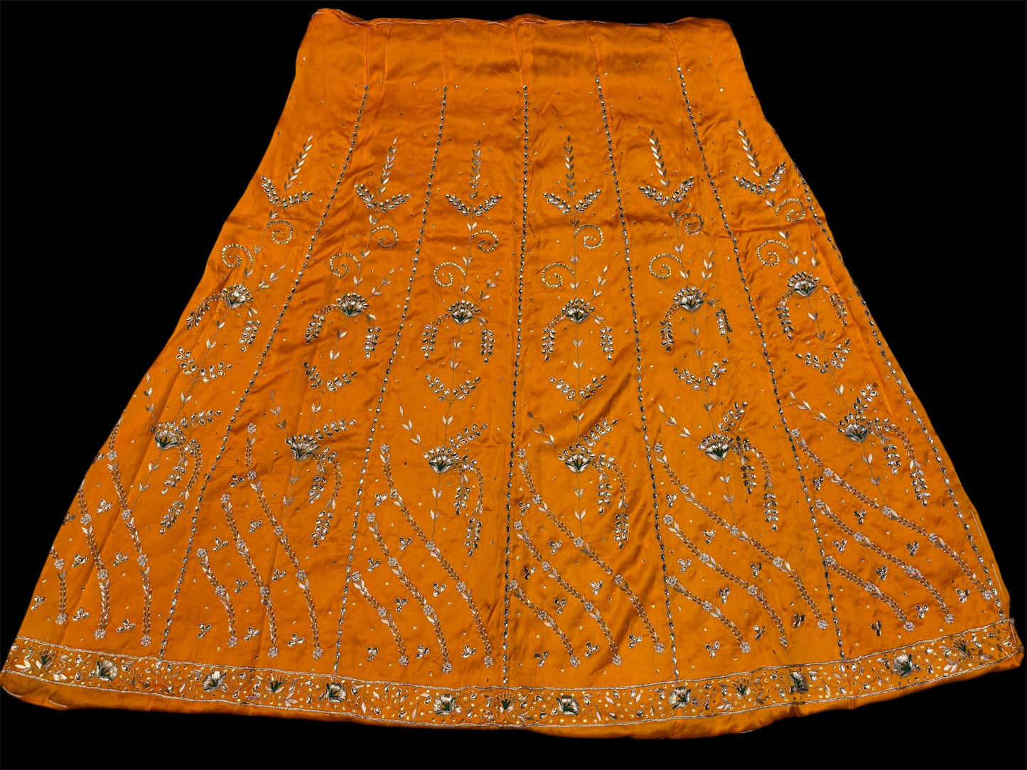 (DELIVERY IN 30 DAYS) ORANGE PURE SATIN SILK POSHAK WITH HAND EMBROIDERED ZARDOZI, KUNDAN & DORI WORK
