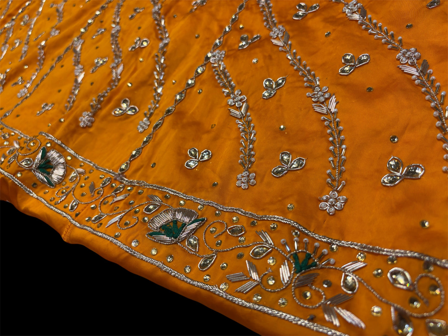 (DELIVERY IN 30 DAYS) ORANGE PURE SATIN SILK POSHAK WITH HAND EMBROIDERED ZARDOZI, KUNDAN & DORI WORK