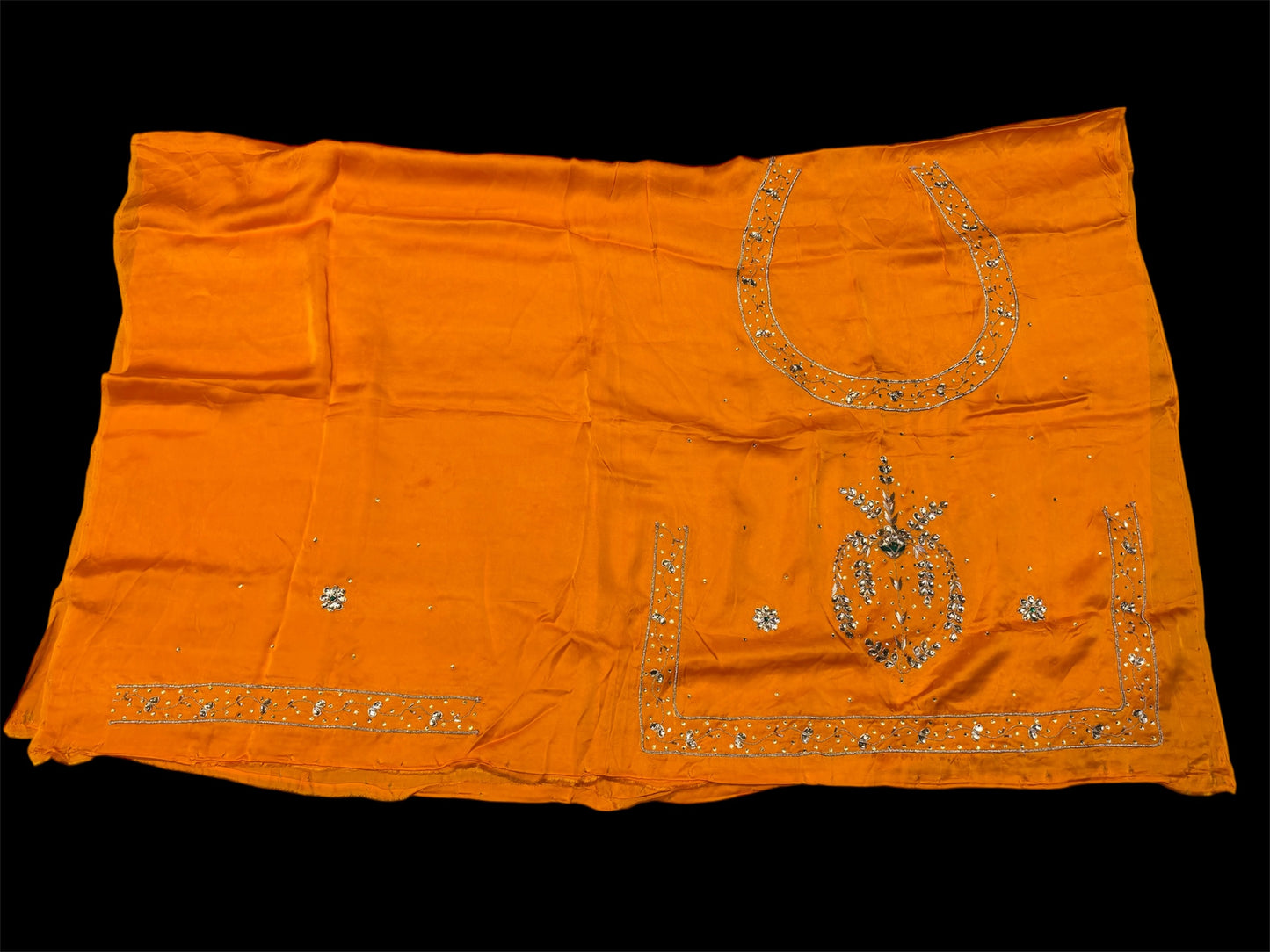(DELIVERY IN 30 DAYS) ORANGE PURE SATIN SILK POSHAK WITH HAND EMBROIDERED ZARDOZI, KUNDAN & DORI WORK