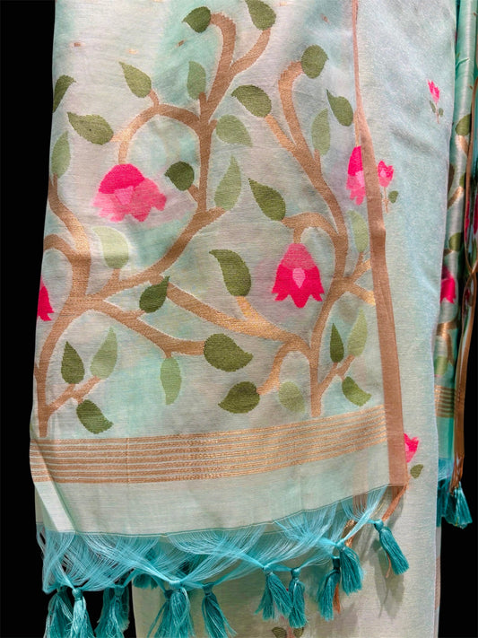 AQUA BLUE COTTON JAMDANI UNSTITCHED SUIT SET WITH DUPATTA (NO BOTTOMS)