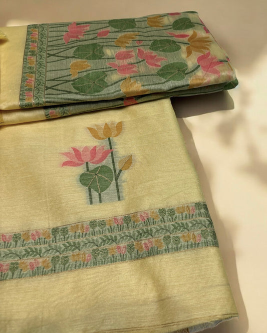 BUTTER YELLOW COTTON JAMDANI UNSTITCHED SUIT SET WITH DUPATTA (NO BOTTOMS)