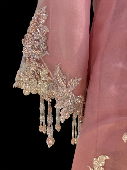 PINK PURE ORGANZA CHANTILLY LACE APPLIQUÉ TOP WITH CREPE PANTS (DELIVERY IN 30 DAYS)