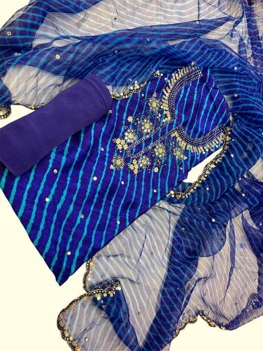BLUE PURE SILK LEHERIYA UNSTITCHED SUIT WITH ORGANZA DUPATTA & PURE CREPE BOTTOM