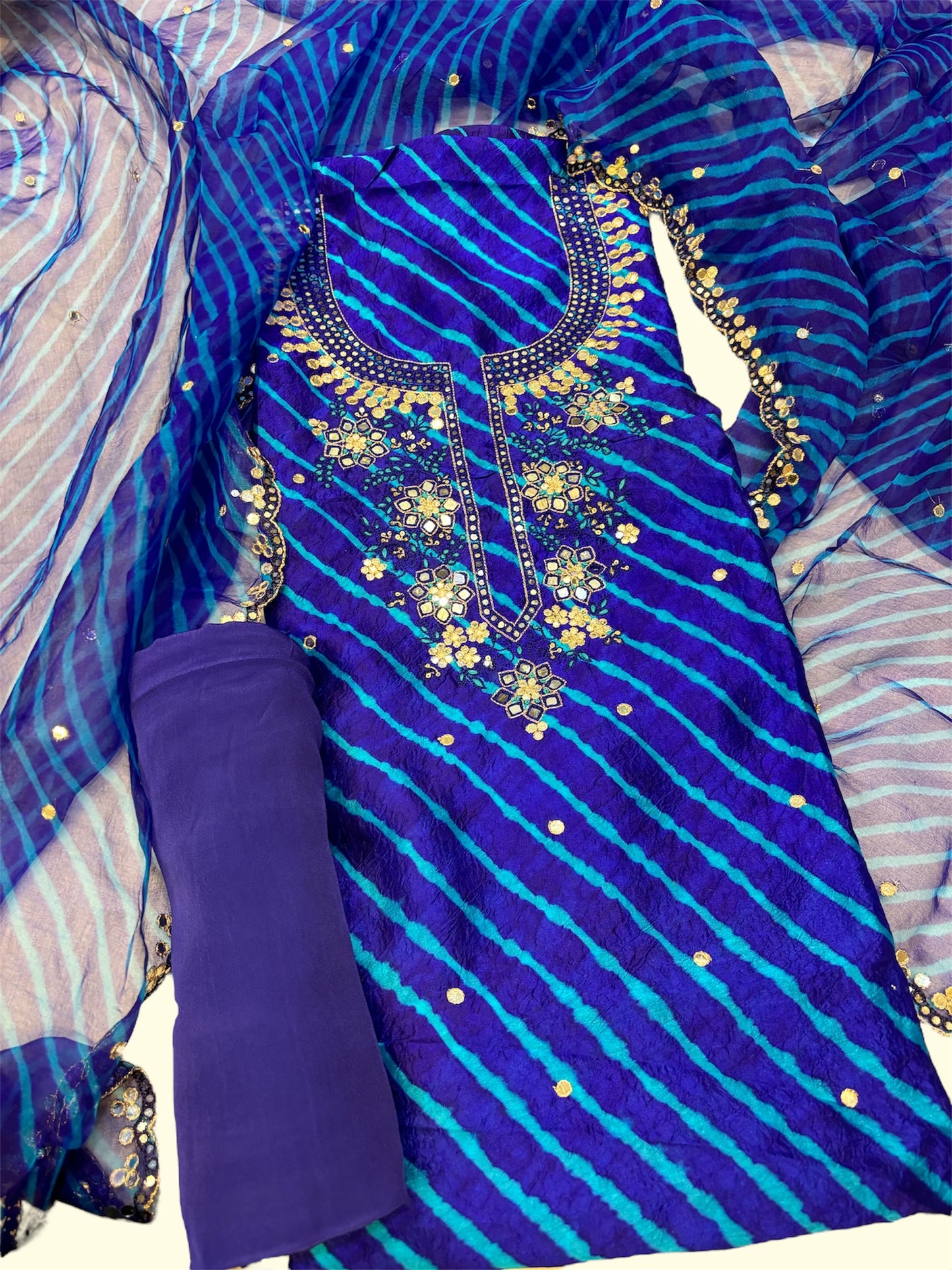 BLUE PURE SILK LEHERIYA UNSTITCHED SUIT WITH ORGANZA DUPATTA & PURE CREPE BOTTOM