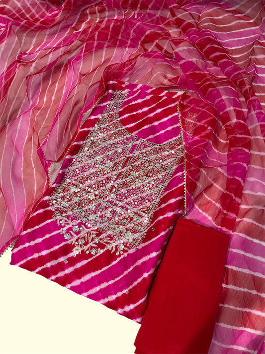 RANI RED LEHERIYA MIRROR WORK UNSTITCHED SUIT WITH ORGANZA LEHERIYA DUPATTA & PURE CREPE BOTTOM (DELIVERY IN 30 DAYS)