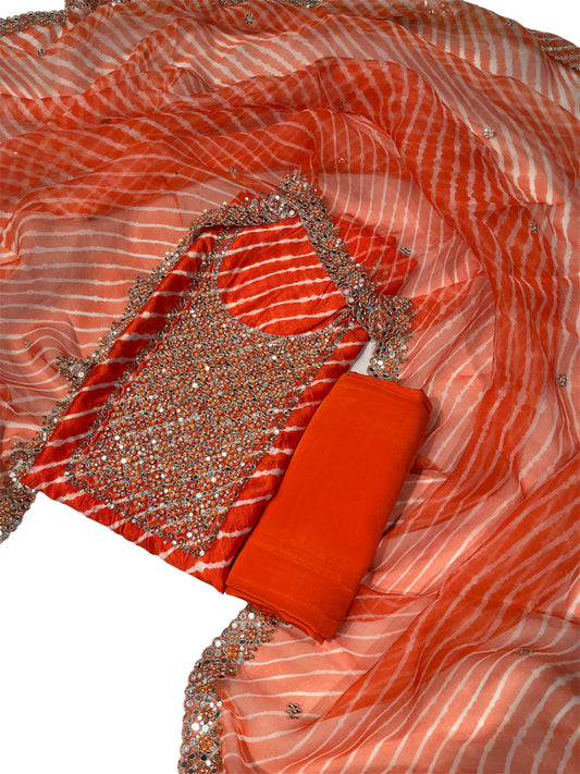 ORANGE PURE SILK LEHERIYA UNSTITCHED SUIT WITH ORGANZA DUPATTA EMBELLISHED WITH HAND MIRROR WORK & CREPE BOTTOM (DELIVERY IN 30 DAYS)