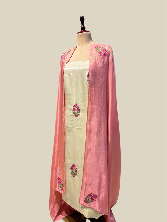OFF-WHITE GOLD GEORGETTE TISSUE UNSTITCHED SUIT WITH MUGHAL EMBROIDERY & PEACH DUPATTA