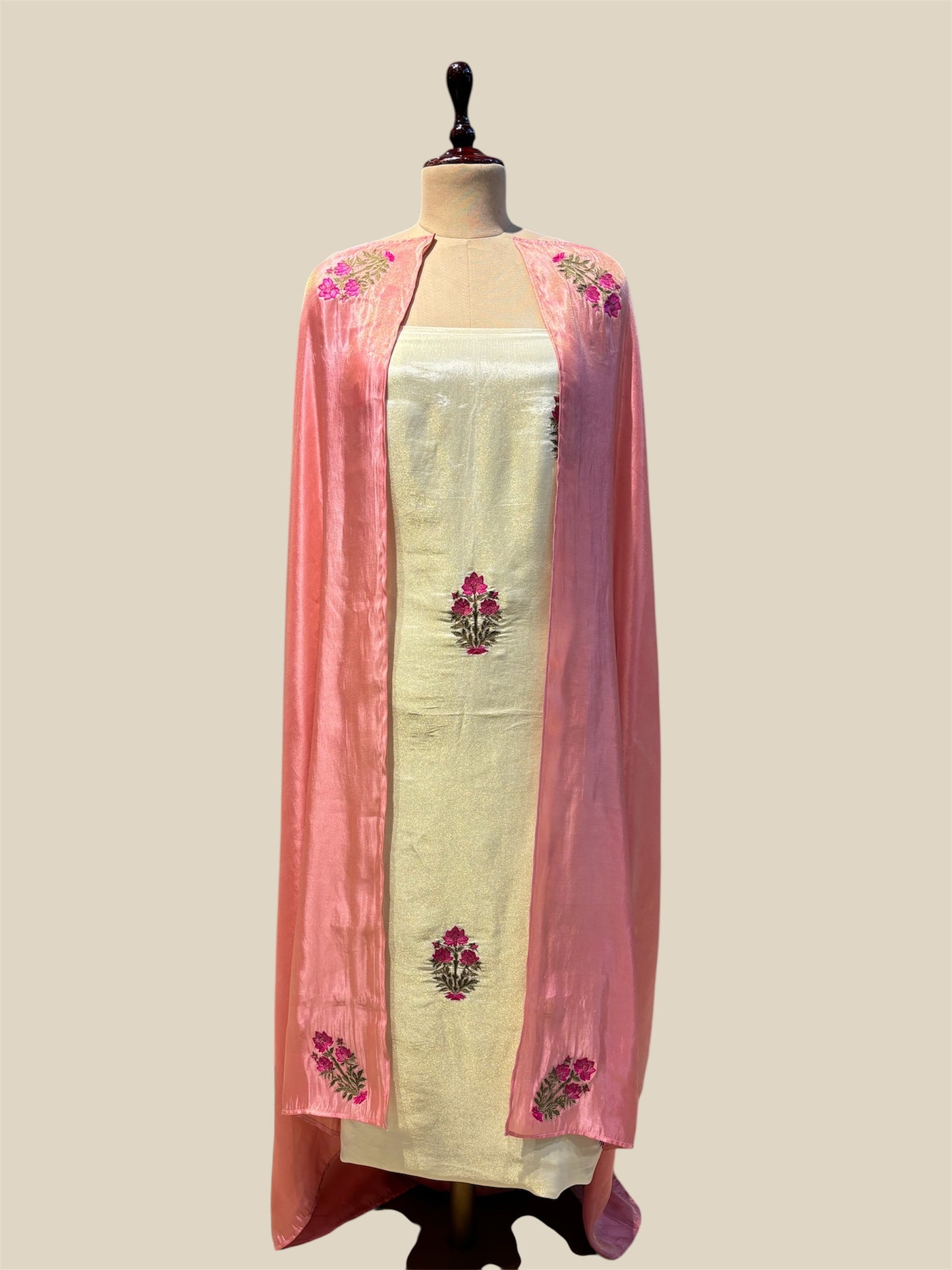 OFF-WHITE GOLD GEORGETTE TISSUE UNSTITCHED SUIT WITH MUGHAL EMBROIDERY & PEACH DUPATTA