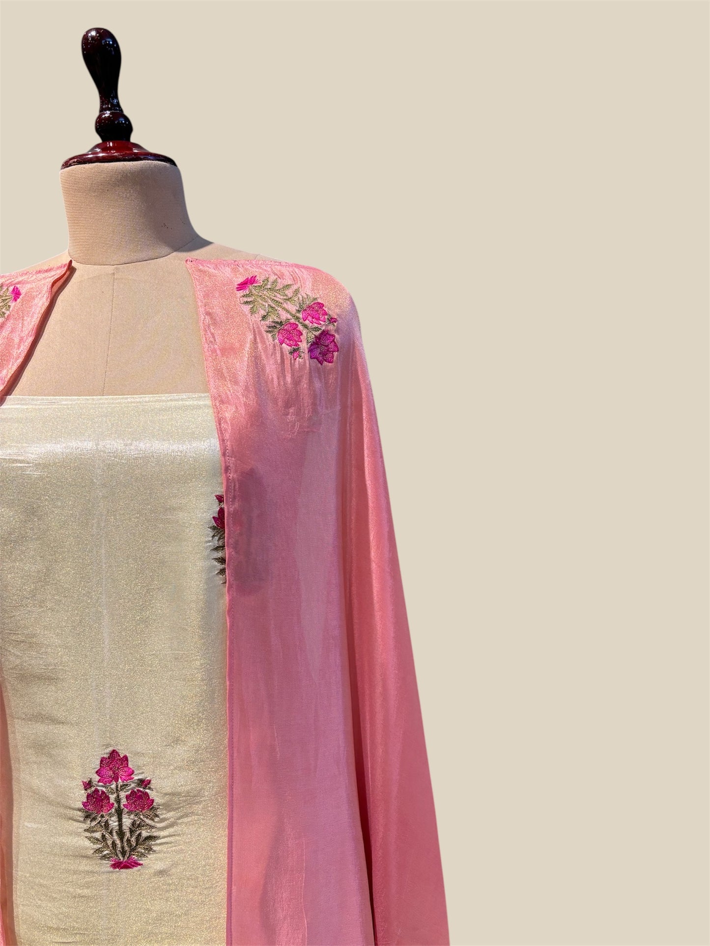 OFF-WHITE GOLD GEORGETTE TISSUE UNSTITCHED SUIT WITH MUGHAL EMBROIDERY & PEACH DUPATTA